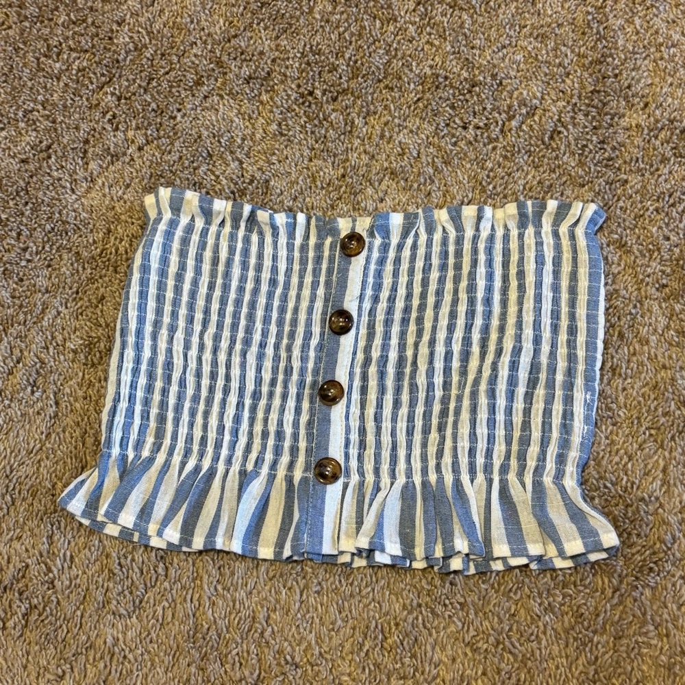 F21 Blue & White Striped Buttoned Tube Top